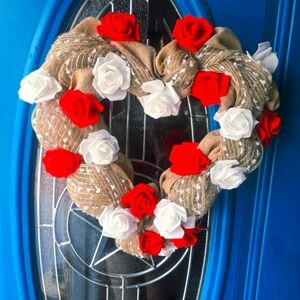 Festive Burlap Heart Wreath with Red and White Roses